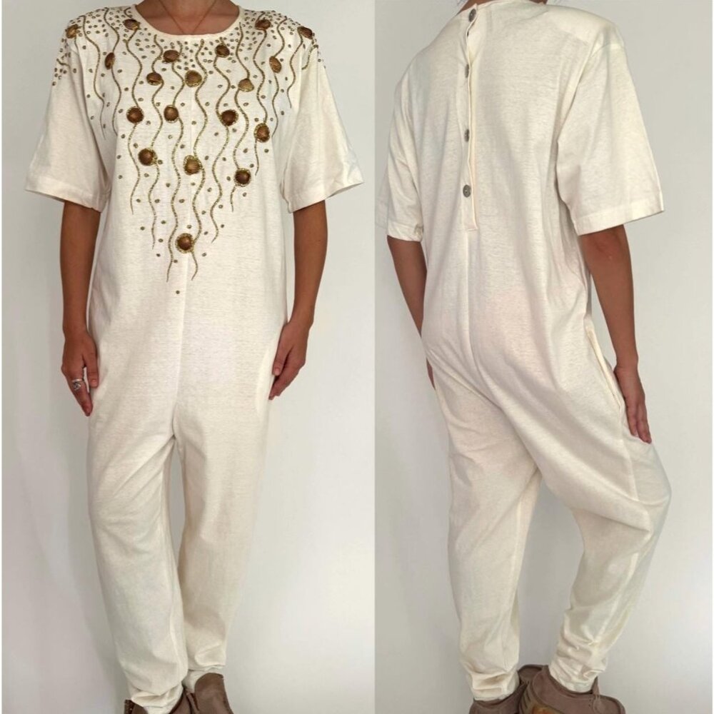 80s white embellished glitter seashell vacation cotton pant jumpsuit romper